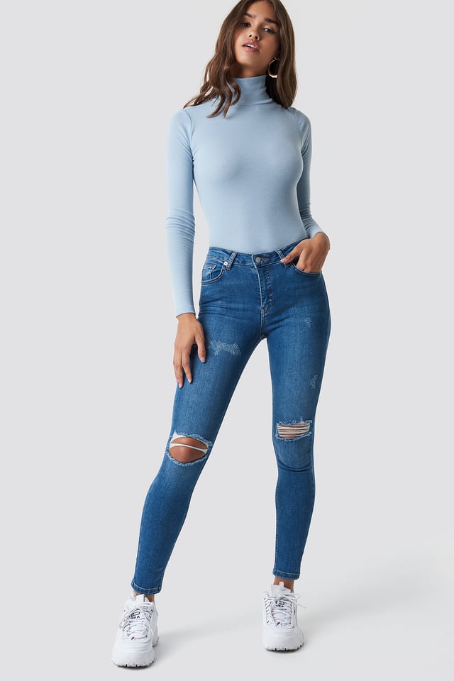 Skinny Mid Waist Destroyed Jeans Mid Blue