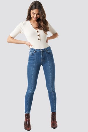 Mid Blue Skinny Mid Waist Front Panel Jeans