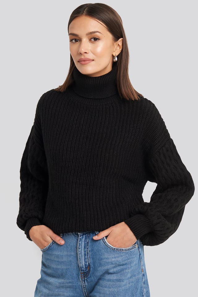 Sleeve Detailed Knitted Polo Sweater Black