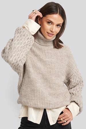 Beige Sleeve Detailed Knitted Polo Sweater