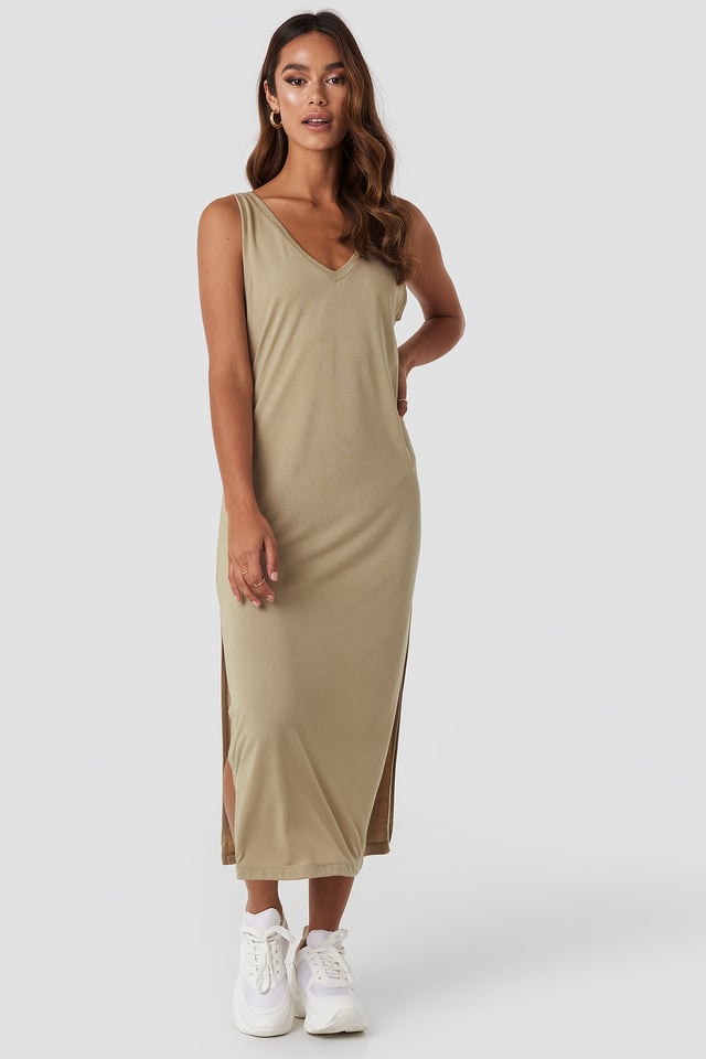 Sleeveless Jersey Midi Dress Beige