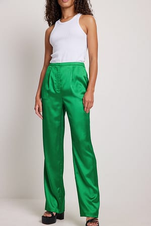 Green Slim Waist Band Satin Suit Pants