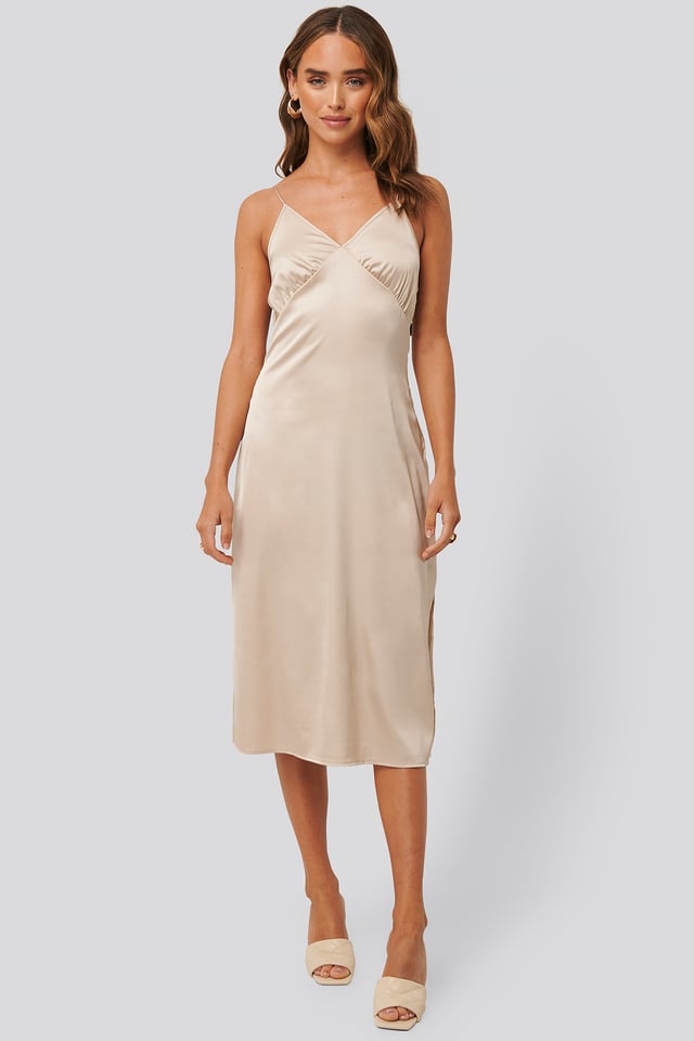 Slip Satin Slit Dress Light Beige