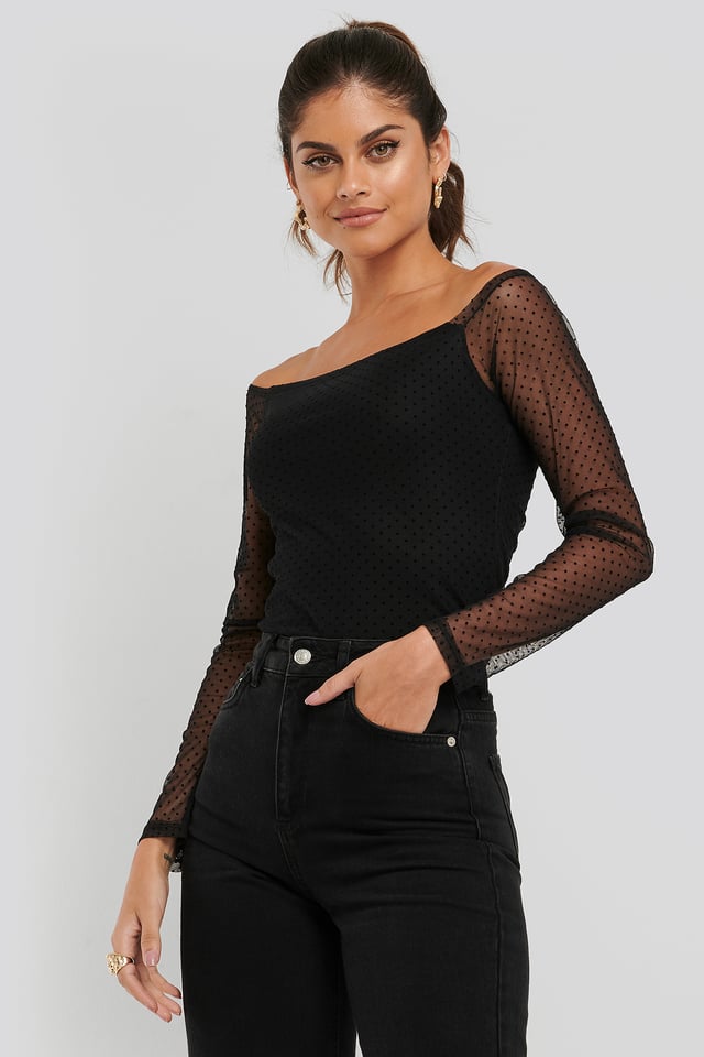 Slip Shoulder Dotted Mesh Top Black