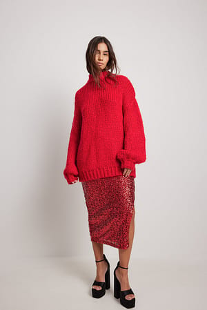 Red Slit Detail Sequin Midi Skirt