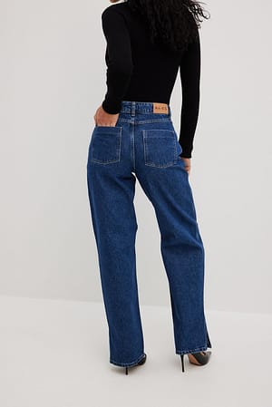 Mid Blue Slit Detail Straight Jeans