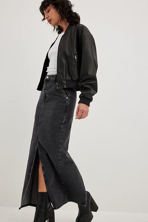 Grey Slit Detailed Maxi Denim Skirt