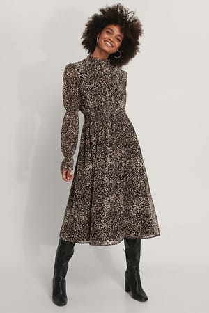 Leopard Smock Detail Chiffon Midi Dress