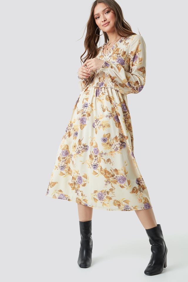 Smock Detail V-Neck Midi Dress Soft Floral Pattern