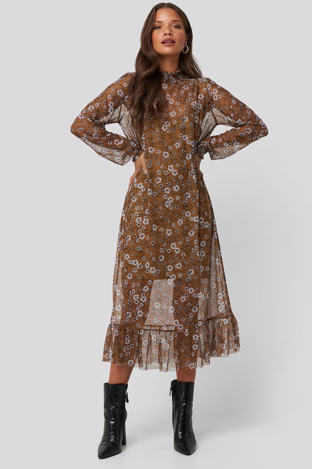Smock Neck Printed Mesh Dress Brown