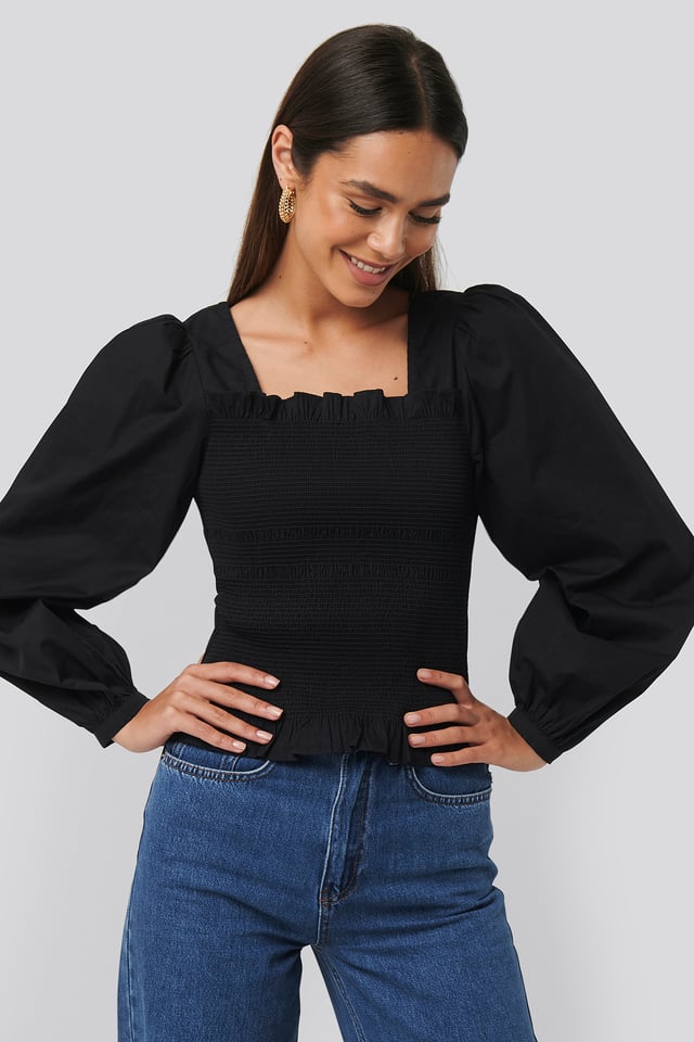 Smocked Balloon Sleeve Blouse Black