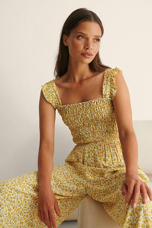 Yellow Roses Smocked Printed Jumpsuit