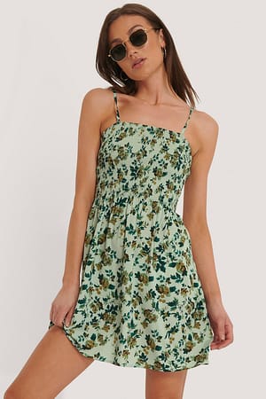 Green Flower Smocked Strap Dress