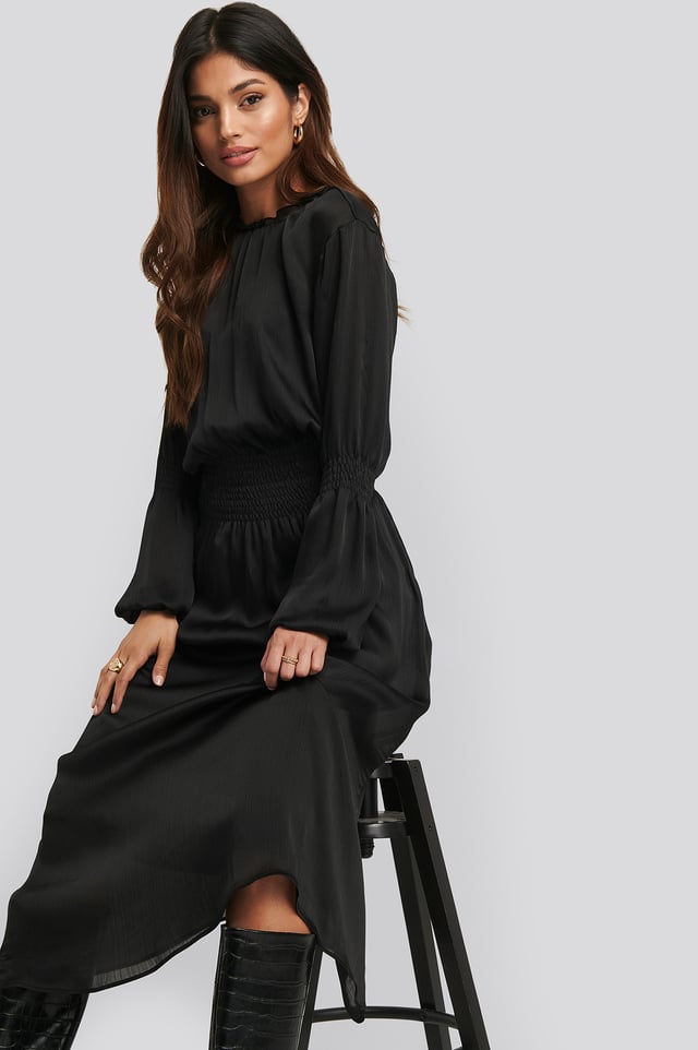 Smocking Detail Satin Midi Dress Black