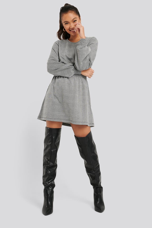 Smocked Waist Check Dress Black/White Check