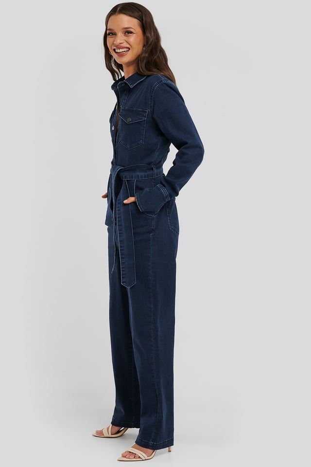 Front Pocket Denim Jumpsuit Dark Blue