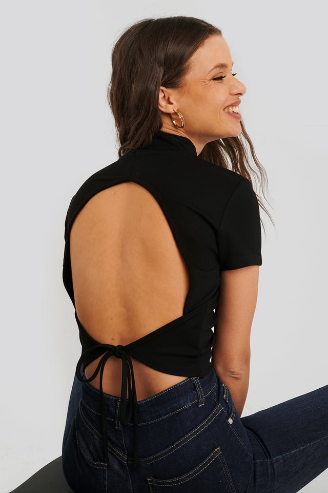 Open Back High Neck Top Black