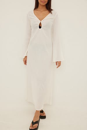 White Vestido largo de algodón suave con escote fruncido