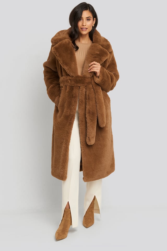 Soft Faux Fur Long Coat Brown
