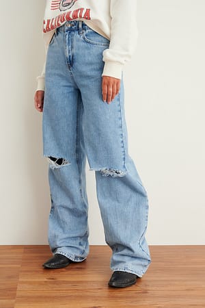 Light Blue Økologiske bløde faste jeans med vide ben og huller