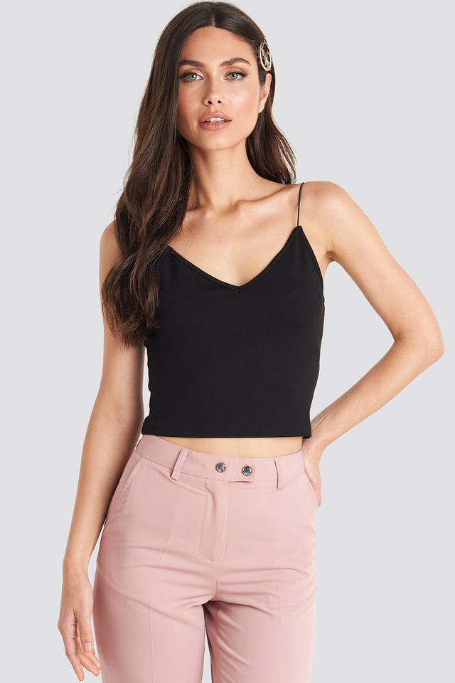 Spaghetti Strap V-neck Cropped Singlet Black