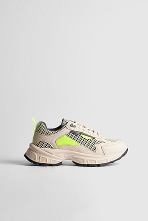 Beige/Lime/Grey Urheilulliset juoksukengät värikkäällä verkkokankaalla