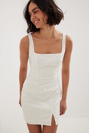 White Square Neck Linen Mix Mini Dress