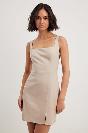Beige Mini-jurk van linnenmix met vierkante halslijn