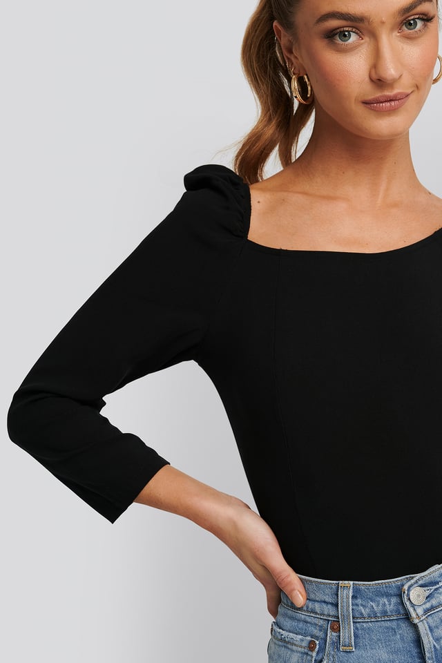 Square Neck Puffy Sleeve Top Black