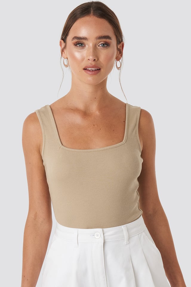 Square Neck Ribbed Bodysuit Beige