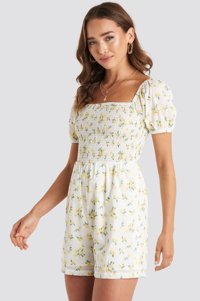 Square Neck Shirred Playsuit Yellow Flower