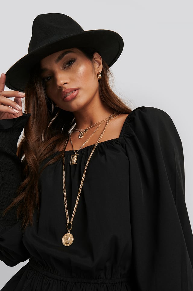 Square Neck Smock Sleeve Blouse Black