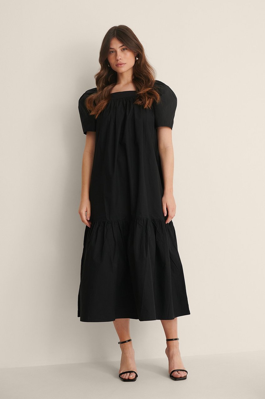 Kleider Puffärmel Kleider | Organisches Baumwoll-Kleid mit eckigem Ausschnitt - CR57202