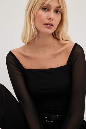 Black NA-KD Party Squared Neck Mesh Top
