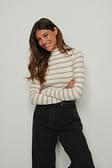 Beige/Cream Striped Ribbed Long Sleeved Turtle Neck Sweater