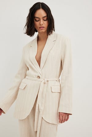 Offwhite Straight Fit Belted Striped Blazer