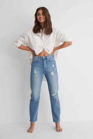 Mid Blue Versleten jeans met hoge taille