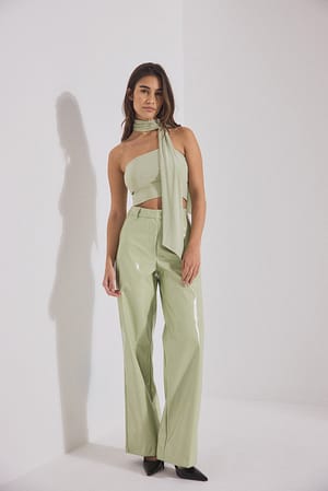 Slate Green Straight Shiny Long Trousers