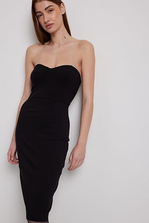 Black Strapless Tight Midi Dress
