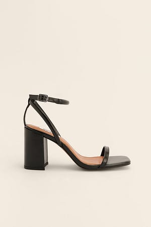 Black Strappy Ankle Block Heeled Sandals