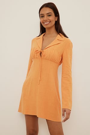 Orange Straps Front Linen Mini Dress