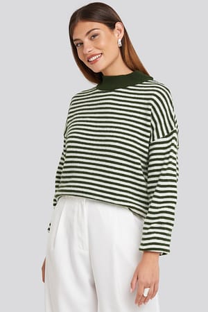 Green/White Striped Balloon Sleeve Knitted Sweater