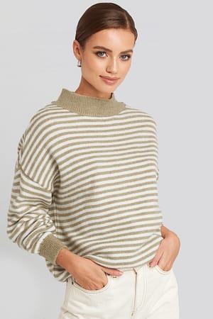 Beige/White Striped Balloon Sleeve Knitted Sweater