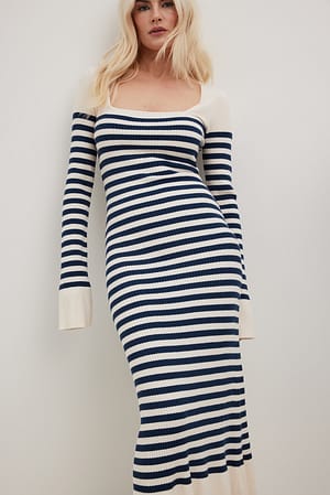 Offwhite/Navy Striped Knitted Maxi Dress