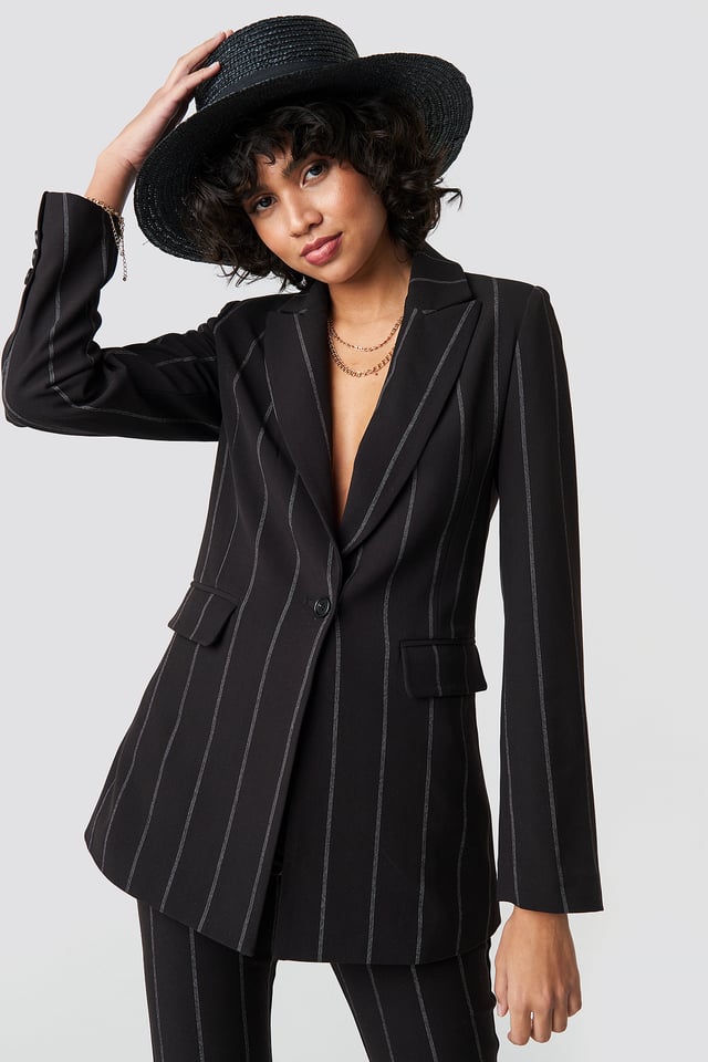 Striped Long Blazer Black