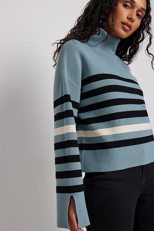 Blue Grey Striped  Oversized Sweater