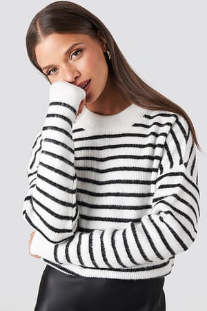 Black/White Striped Round Neck Knitted Sweater