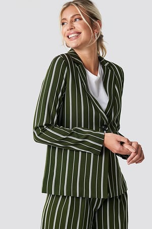 Dark Green Striped Straight Blazer