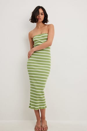 Green/White Striped Tube Midi Dress