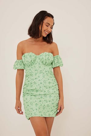Green Flower Gestructureerde mini-jurk met ballonmouwen